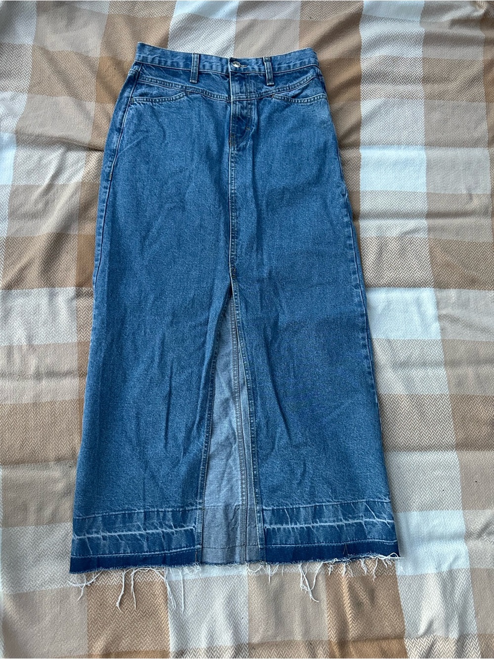 Mango Denim Front Split Frayed Hem Skirt